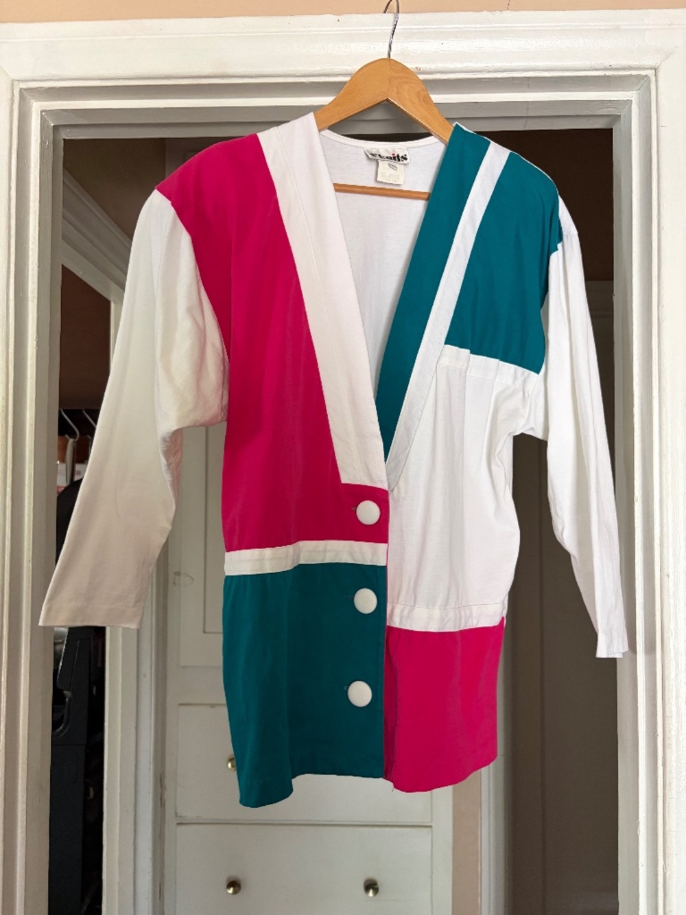 Vintage 80s Colorblock Cardigan | Pink, Teal & White | Button Front Sweater 🩵